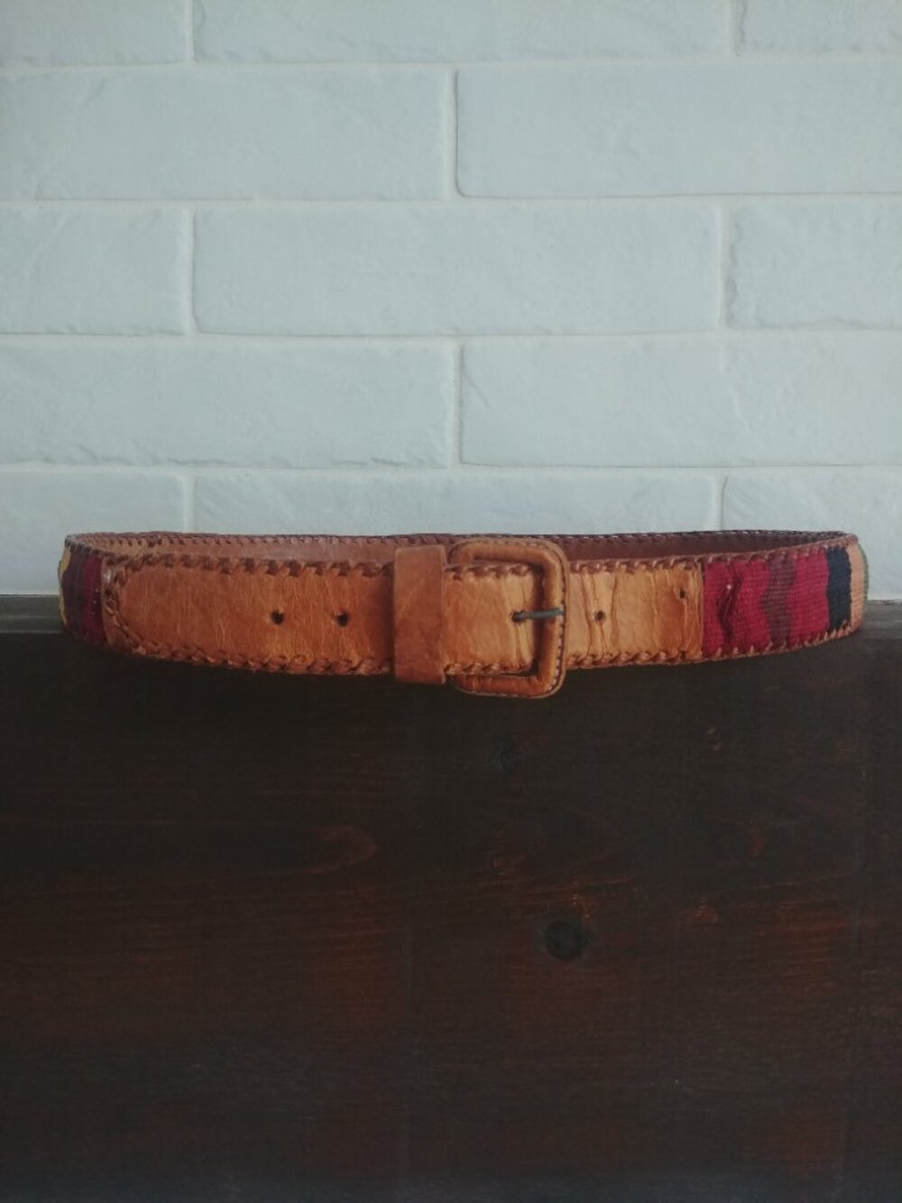Women's brown leather colourful fabric belt 32